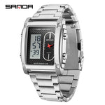 SANDA Top Brand Sports Watches for Men Double Display Quartz Wristwatch Square Gold Stainless Steel LED Digital Electron Clock