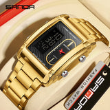 SANDA Top Brand Sports Watches for Men Double Display Quartz Wristwatch Square Gold Stainless Steel LED Digital Electron Clock