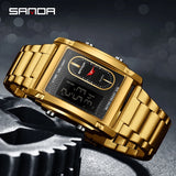 SANDA Top Brand Sports Watches for Men Double Display Quartz Wristwatch Square Gold Stainless Steel LED Digital Electron Clock