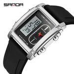 SANDA Top Brand Sports Watches for Men Double Display Quartz Wristwatch Square Gold Stainless Steel LED Digital Electron Clock