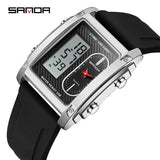 SANDA Top Brand Sports Watches for Men Double Display Quartz Wristwatch Square Gold Stainless Steel LED Digital Electron Clock