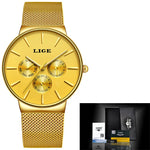 LIGE Women Watches Top Brand Luxury Gold Quartz Watch Ladies Waterproof Watch For Women Full Steel Slim  Dial Date Clocks