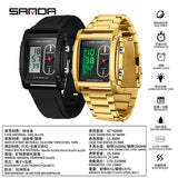 SANDA Top Brand Sports Watches for Men Double Display Quartz Wristwatch Square Gold Stainless Steel LED Digital Electron Clock