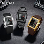 SANDA Top Brand Sports Watches for Men Double Display Quartz Wristwatch Square Gold Stainless Steel LED Digital Electron Clock