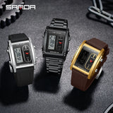 SANDA Top Brand Sports Watches for Men Double Display Quartz Wristwatch Square Gold Stainless Steel LED Digital Electron Clock