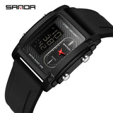 SANDA Top Brand Sports Watches for Men Double Display Quartz Wristwatch Square Gold Stainless Steel LED Digital Electron Clock