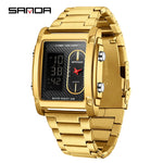 SANDA Top Brand Sports Watches for Men Double Display Quartz Wristwatch Square Gold Stainless Steel LED Digital Electron Clock