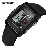 SANDA Top Brand Sports Watches for Men Double Display Quartz Wristwatch Square Gold Stainless Steel LED Digital Electron Clock