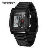 SANDA Top Brand Sports Watches for Men Double Display Quartz Wristwatch Square Gold Stainless Steel LED Digital Electron Clock