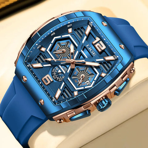 LIGE Mens Watches Top Brand Luxury Square Silicone Watch For Men Fashion Military Quartz Waterproof Chronograph Montre Homme