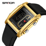 SANDA Top Brand Sports Watches for Men Double Display Quartz Wristwatch Square Gold Stainless Steel LED Digital Electron Clock