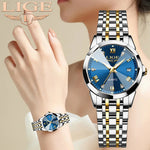 LIGE Original Elegant Luxury Women's Wristwatch Fashion Stainless Band Waterproof Calendar Diamond Quartz Casual Ladies Watches