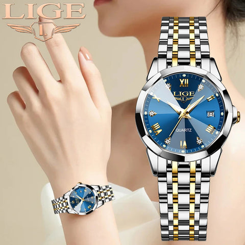 LIGE Original Elegant Luxury Women's Wristwatch Fashion Stainless Band Waterproof Calendar Diamond Quartz Casual Ladies Watches