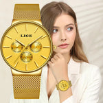 LIGE Women Watches Top Brand Luxury Gold Quartz Watch Ladies Waterproof Watch For Women Full Steel Slim  Dial Date Clocks