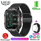 LIGE New For Xiaomi Military Smart Watch Men 3ATM Waterproof Outdoor Sports Fitness Tracker Heart Rate 1.96" BT Call Smartwatch