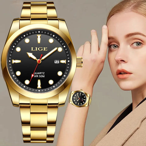 LIGE Fashion Gold Women Watches Stainless Steel Waterproof Quartz Watch Women Casual Sport Luminous Watch For Women Reloj Mujer