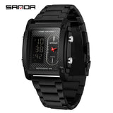 SANDA Top Brand Sports Watches for Men Double Display Quartz Wristwatch Square Gold Stainless Steel LED Digital Electron Clock