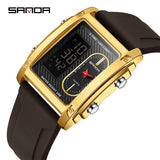 SANDA Top Brand Sports Watches for Men Double Display Quartz Wristwatch Square Gold Stainless Steel LED Digital Electron Clock